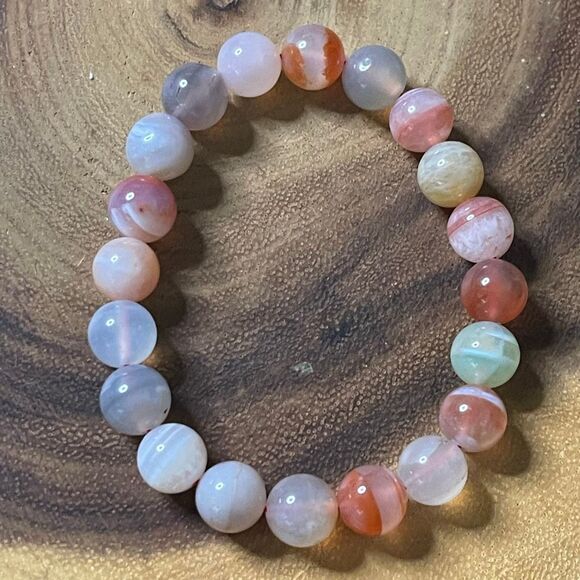 Yuan yuan Agate bracelet striped layers light rainbow colors stretch 10mm 7.5” n - Picture 2 of 7